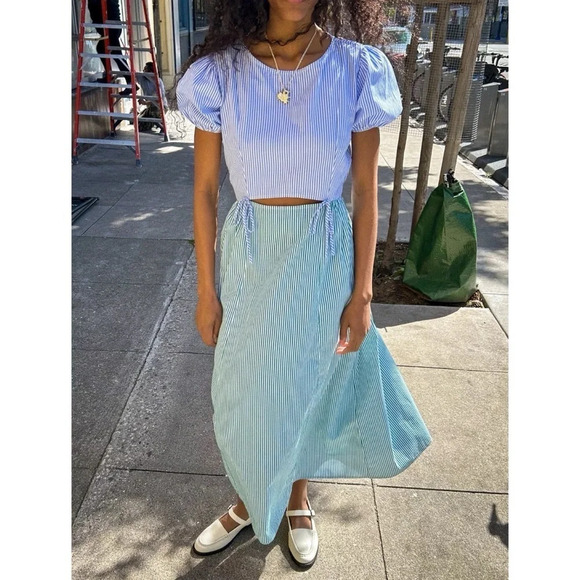 Lisa Says Gah Luna Striped Midi Dress Blue Green - Picture 14 of 17